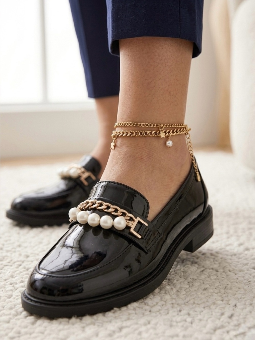 Black Patent Pearl-Trim Loafers for Women